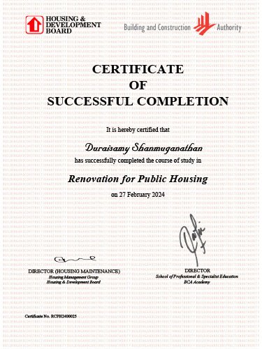 BCA and HDB Certificate of Successful Completion — Renovation for Public Housing