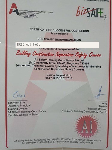 bizSAFE Building Construction Supervisor Safety Course certificate
