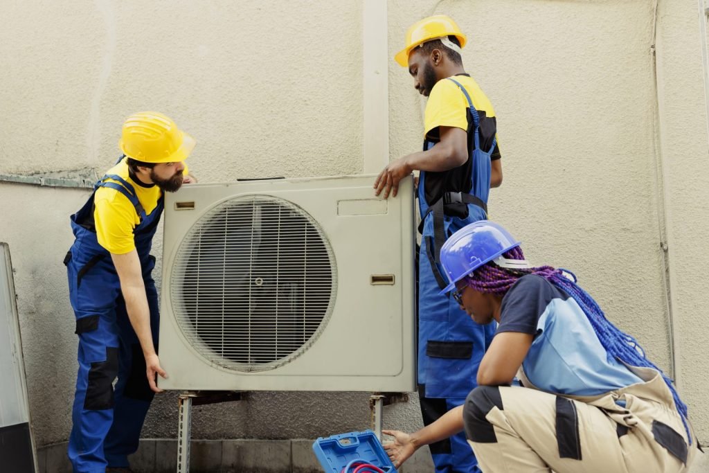 Technician team replacing an aircon condenser unit