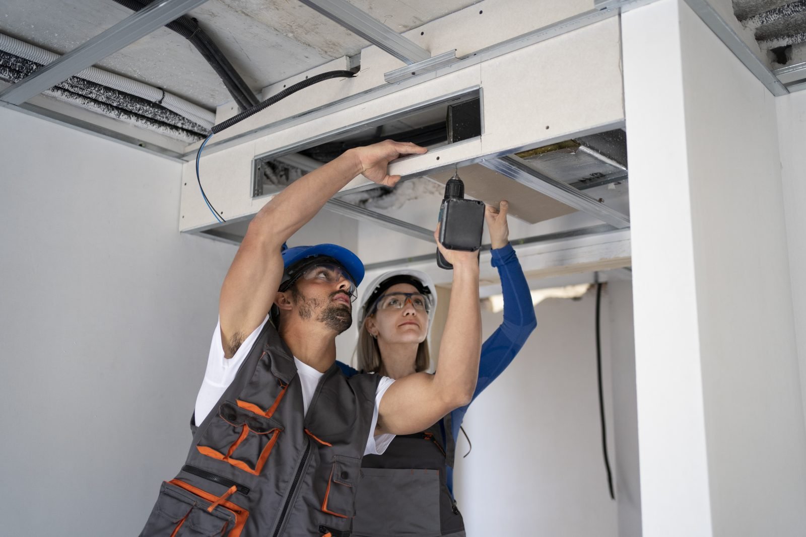 Technicians working on a ceiling installation