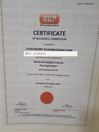Work-At-Heights Course for Supervisor certificate